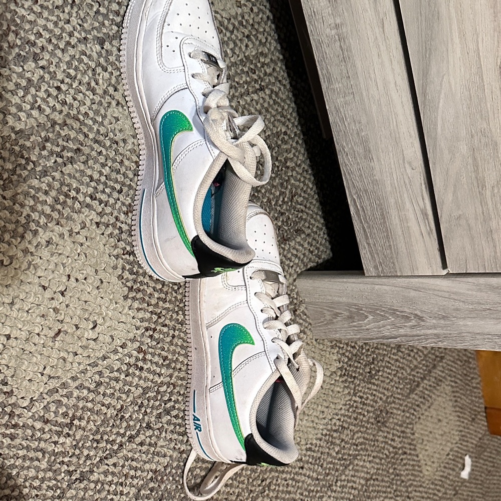 White and Teal/Green Af1s Size 4Y